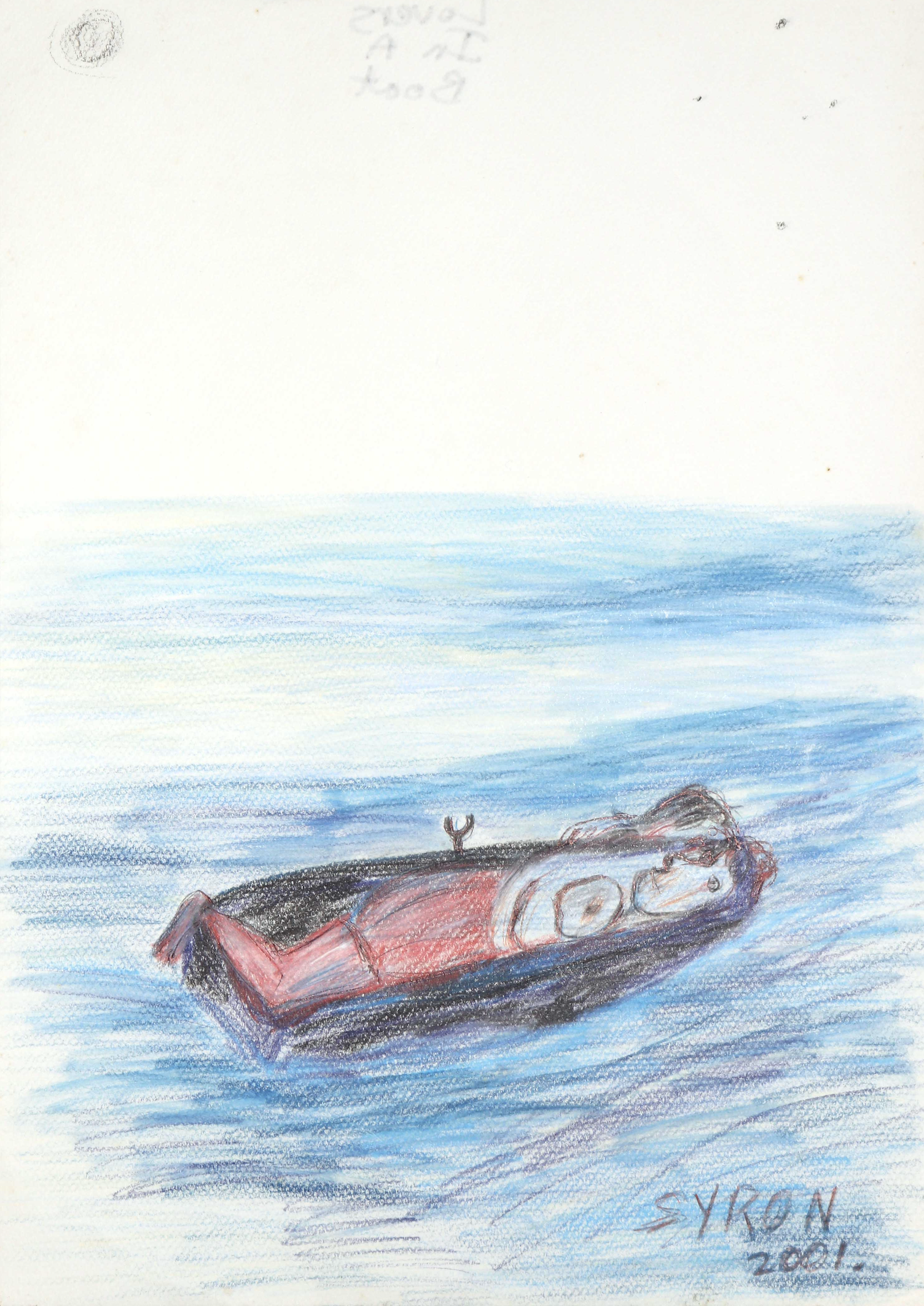Red kayak or boat with a person lying inside, floating on blue water with pale sky above; signature 'SYKON 2021' at bottom right.
