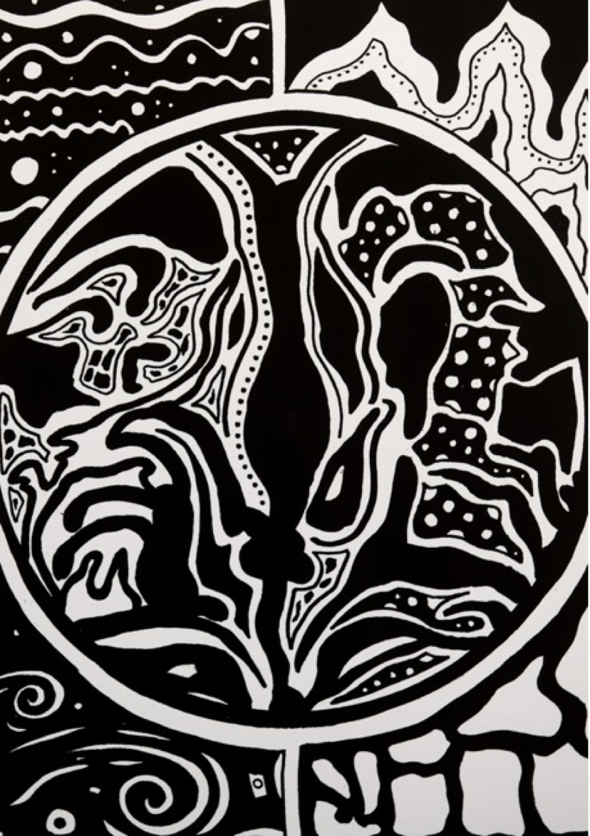 Abstract black-and-white circular design with swirling, brain-like shapes inside the border.