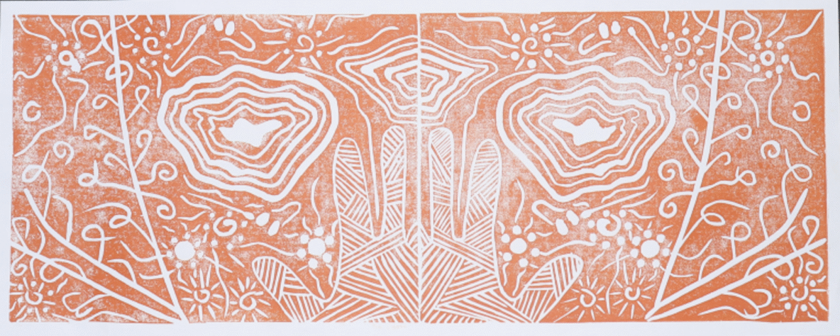 Symmetrical orange-and-white abstract print showing two stylized hands with concentric rings above, surrounded by swirling vines and floral motifs.