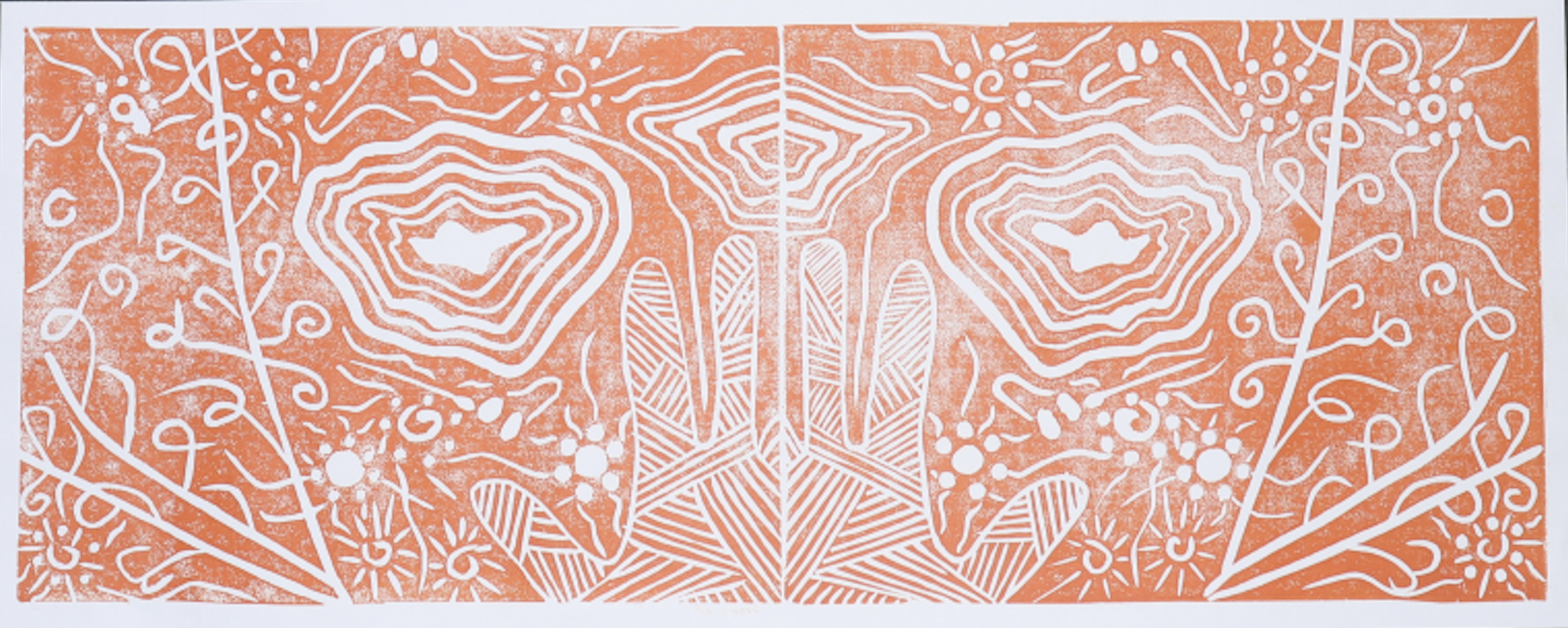 Symmetrical orange-and-white abstract print showing two stylized hands with concentric rings above, surrounded by swirling vines and floral motifs.