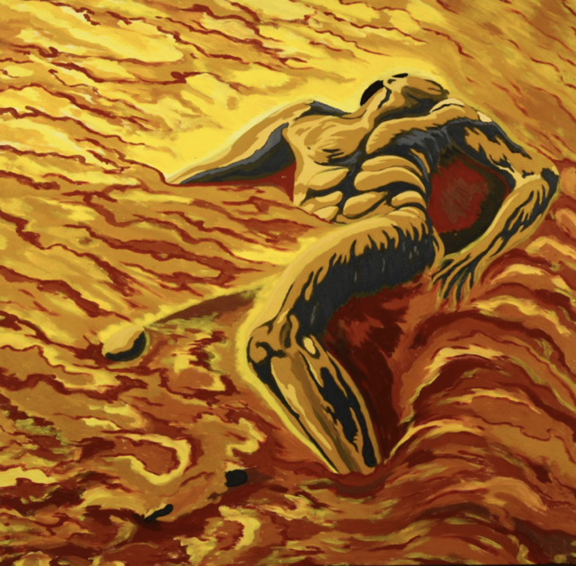 Abstract painting of a human figure diving into a lava-like landscape of bright yellows and oranges, conveying heat and motion