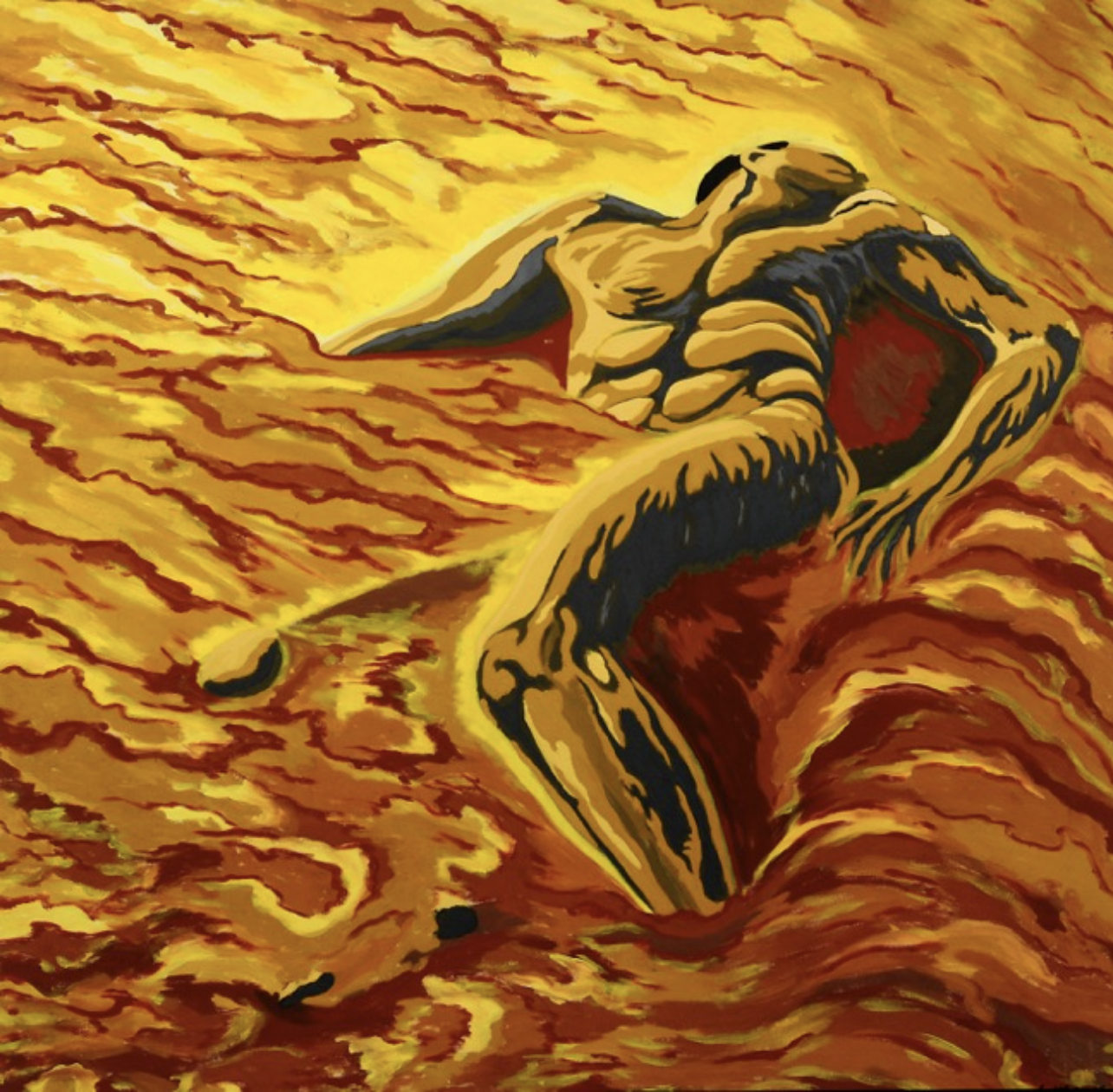 Abstract painting of a human figure diving into a lava-like landscape of bright yellows and oranges, conveying heat and motion