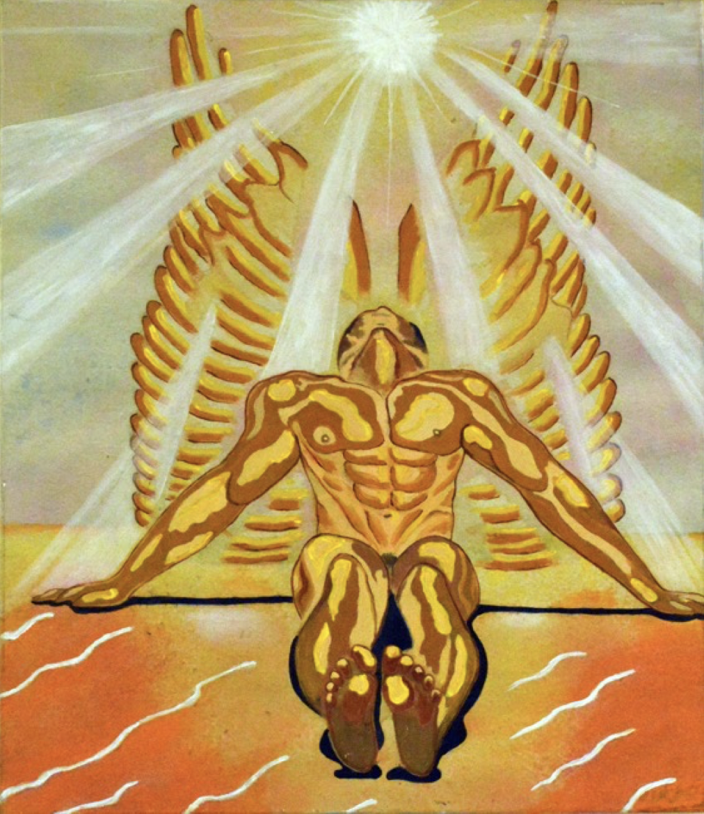 Abstract painting of a muscular nude man seated with arms resting on the ground, surrounded by radiant white beams and golden wing-like shapes with a bright sun overhead.