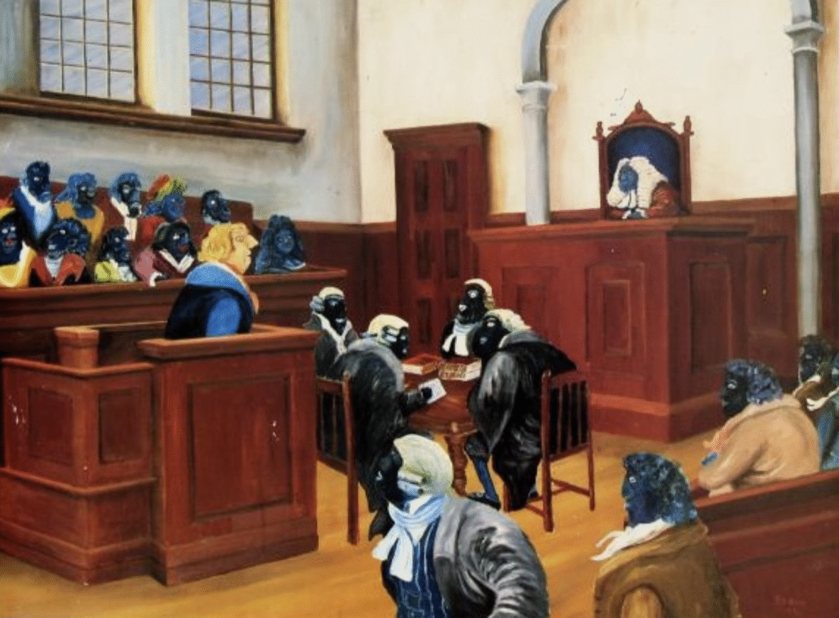 Courtroom scene with a judge on the bench and lawyers in black robes around a central table.