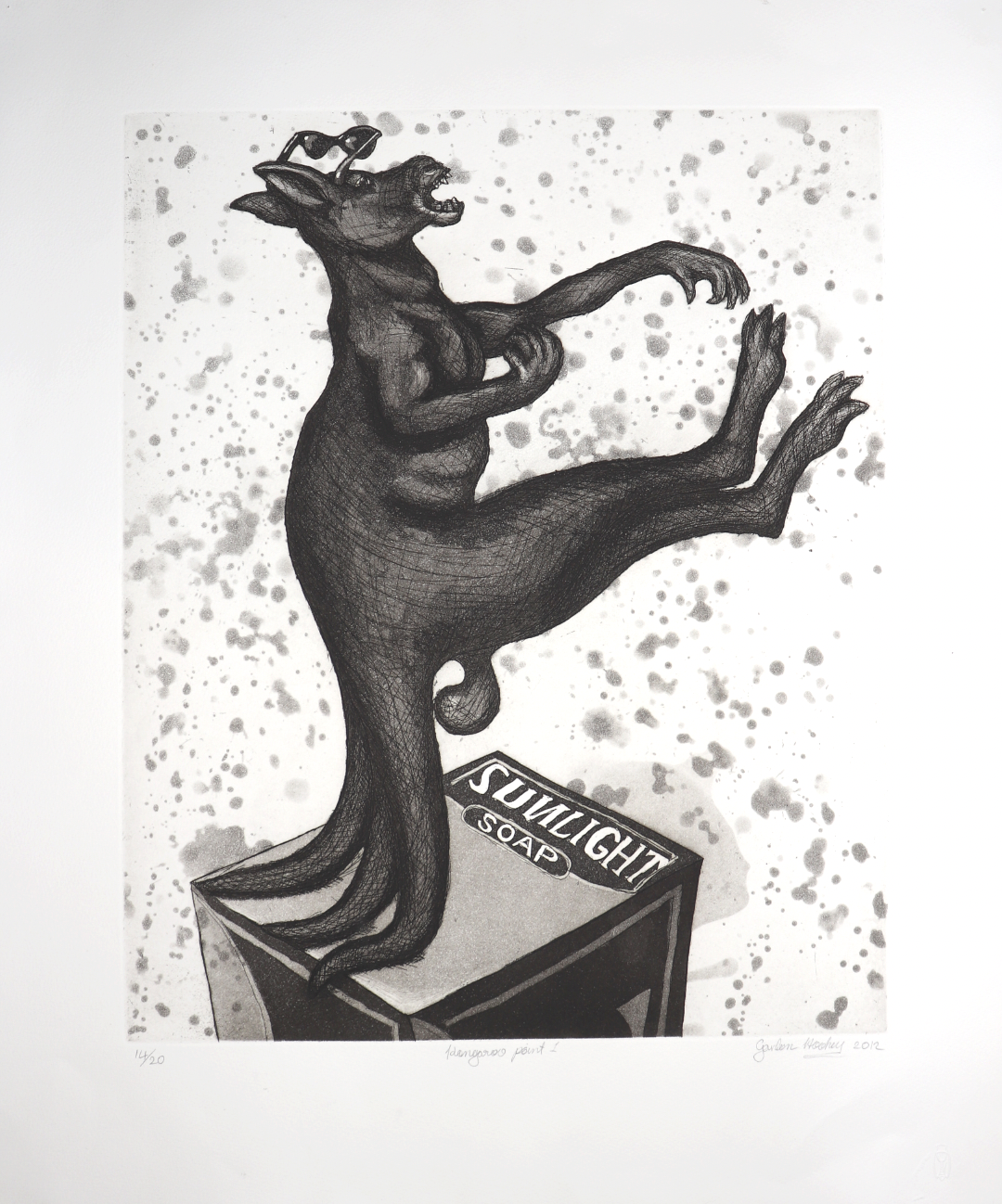 Dark, surreal dog-like figure stands on hind legs atop a Sunlight Soap box, with a splattered gray background.