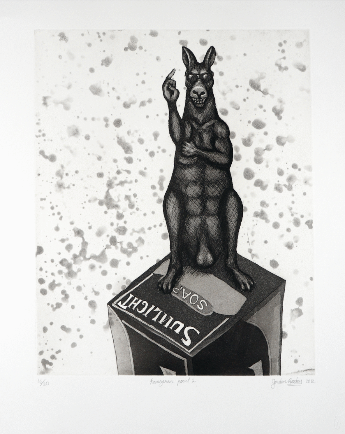 Ink drawing of a black dog standing on a box, raising its middle finger, with a speckled background; limited edition print 19/20.