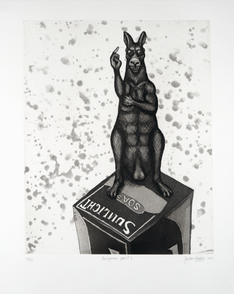 Ink drawing of a black dog standing on a box, raising its middle finger, with a speckled background; limited edition print 19/20.