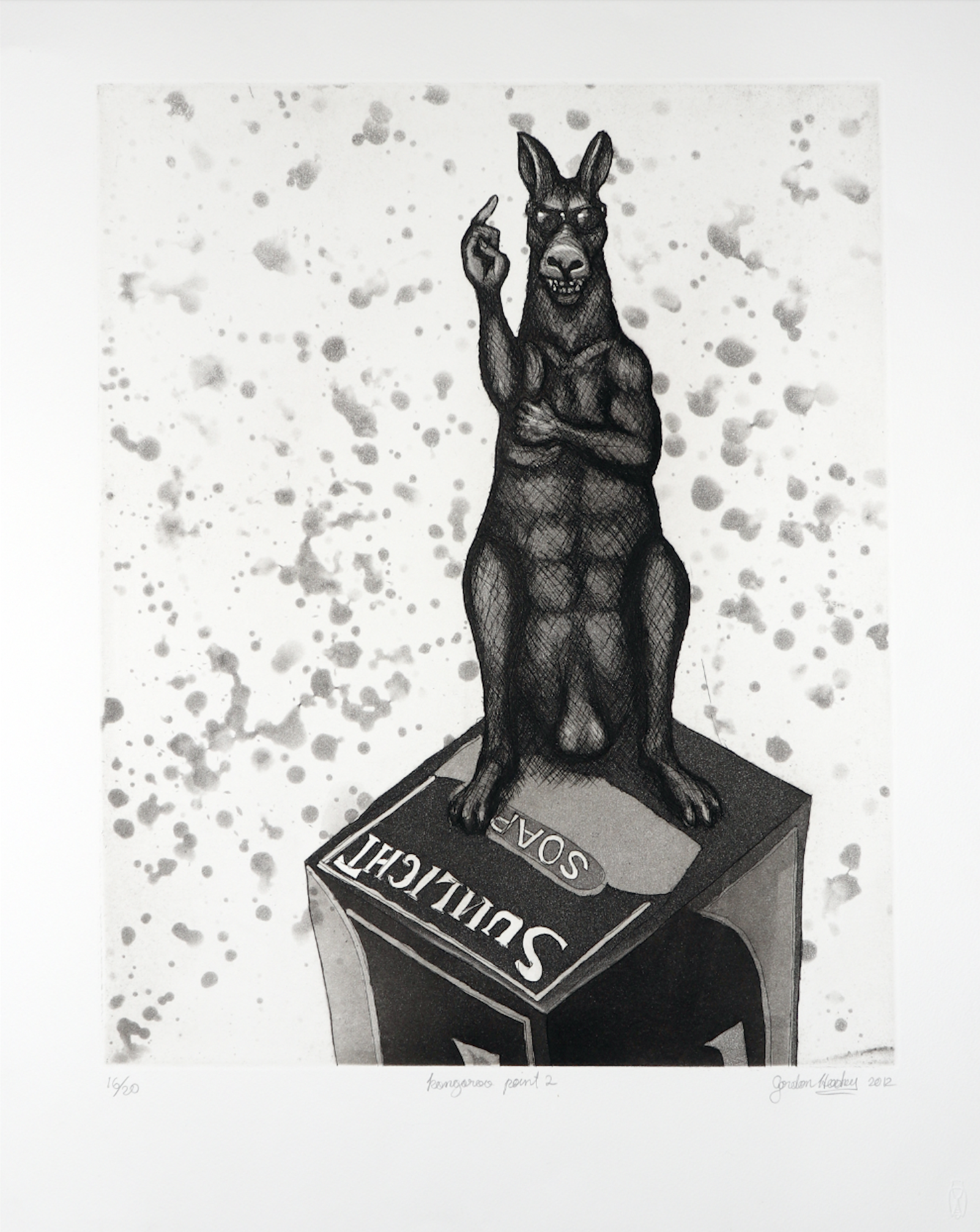 Ink drawing of a black dog standing on a box, raising its middle finger, with a speckled background; limited edition print 19/20.