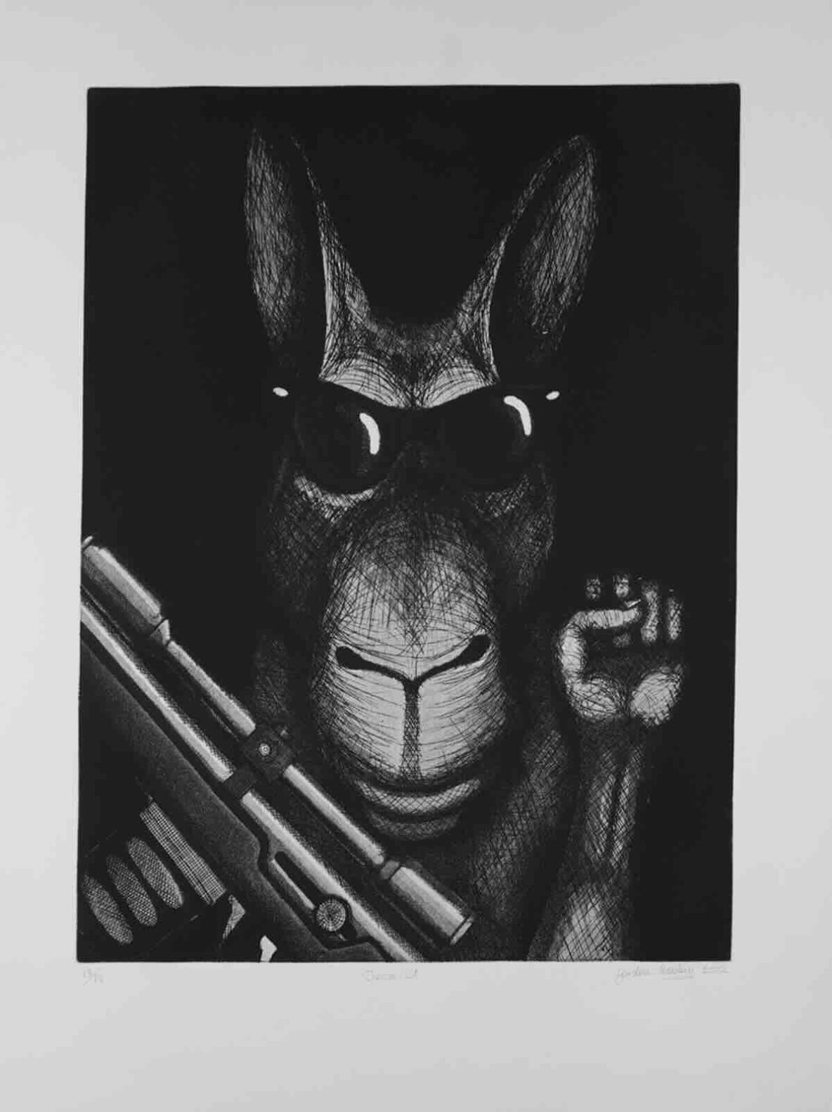 Monochrome drawing of a donkey's head with a rifle across its chest and a raised paw showing a peace sign.