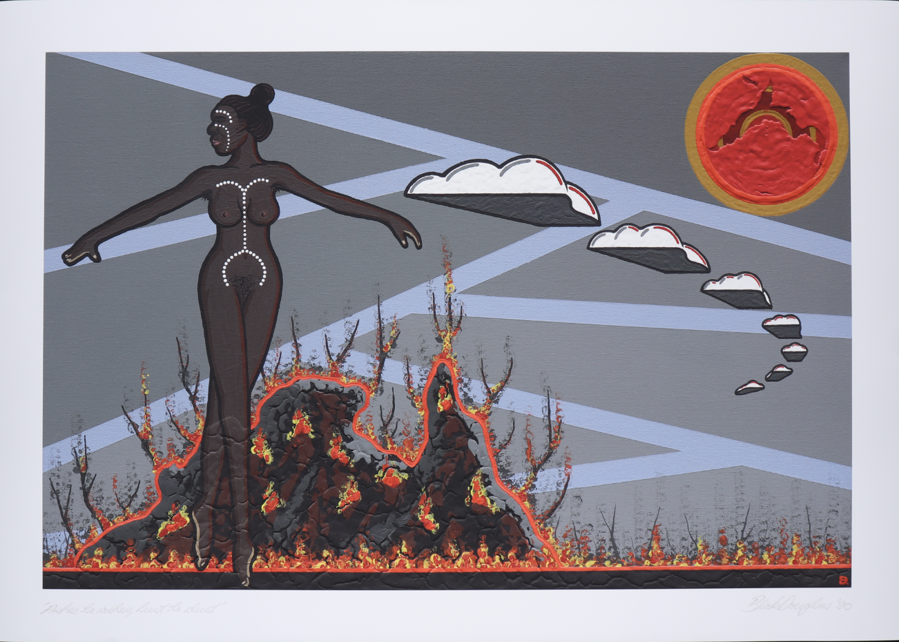 A silhouetted nude woman stands atop erupting lava with dotted lines marking her body’s energy points, under a gray sky with blue beams and red sun.