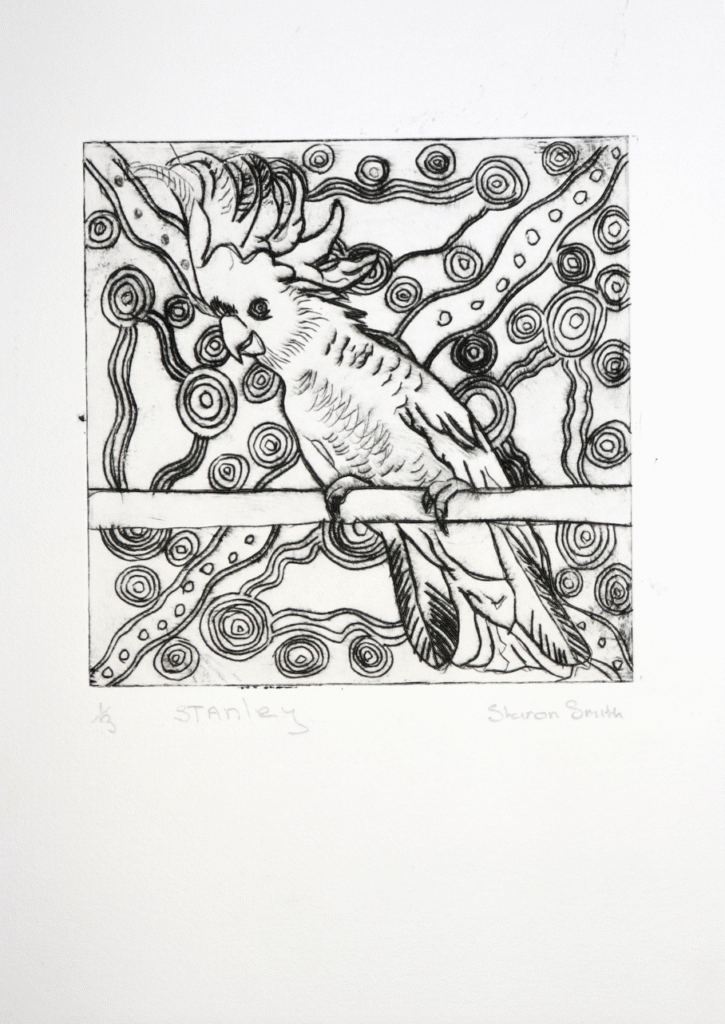 Line drawing of a cockatiel perched on a horizontal branch with a decorative, spiraling background pattern behind it.