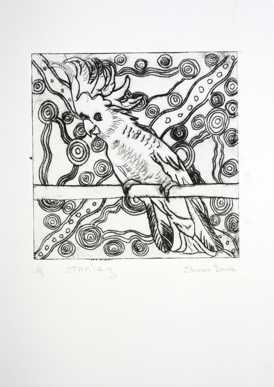 Line drawing of a cockatiel perched on a horizontal branch with a decorative, spiraling background pattern behind it.