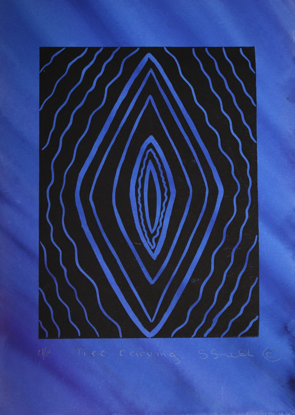 Abstract blue and black geometric art: a black rectangle with nested blue diamond outlines and wavy blue lines radiating outward on a blue background.