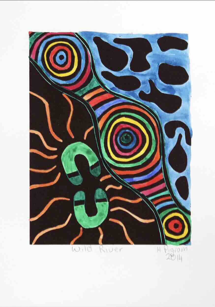 Abstract painting 'Wild River' with bright rainbow spirals, black shapes, green U‑shapes, and orange waves on a blue background.