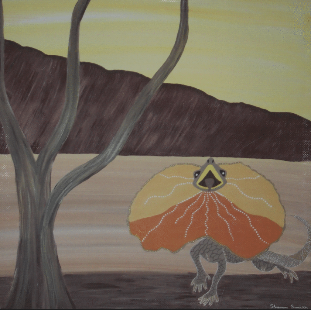Desert landscape at sunset with a stylized armored dinosaur-like creature near a leafless tree.