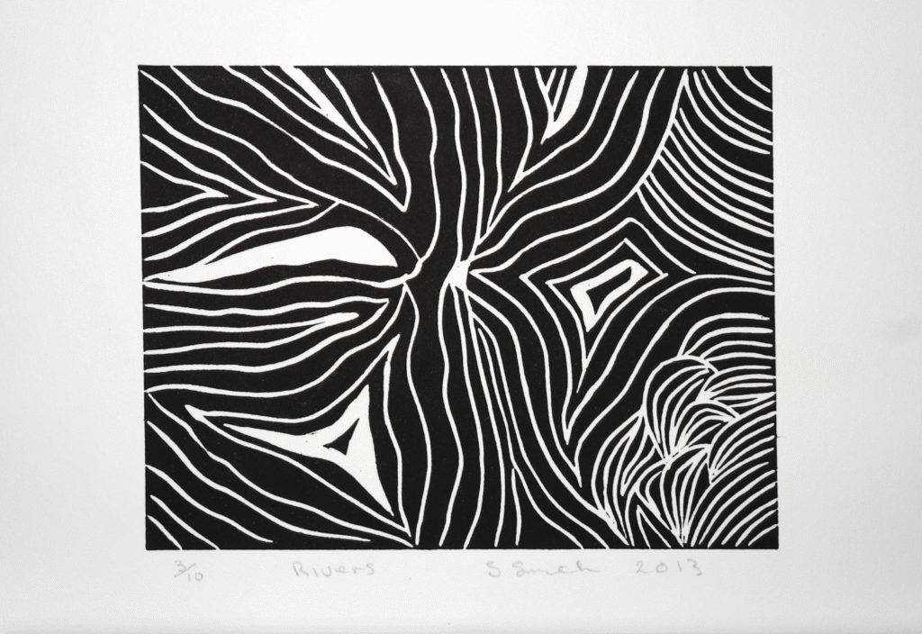 Abstract black-and-white print with meandering white lines on black, evoking a river pattern.