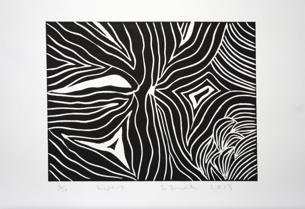 Abstract black-and-white print with meandering white lines on black, evoking a river pattern.