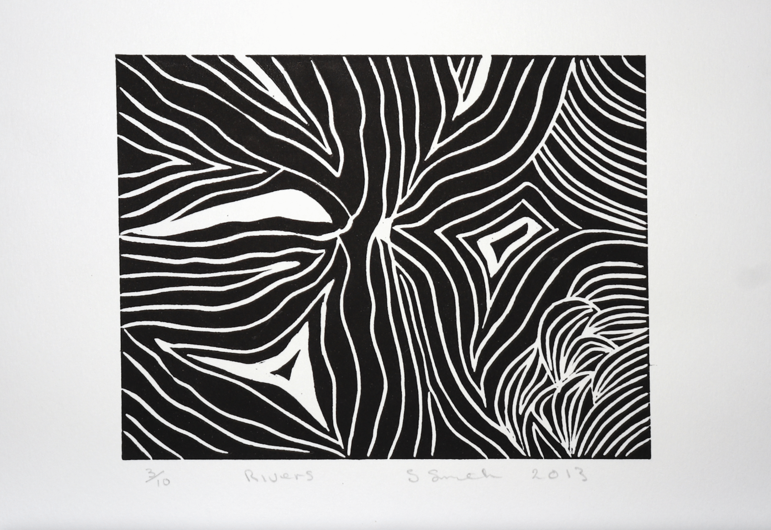 Abstract black-and-white print with meandering white lines on black, evoking a river pattern.